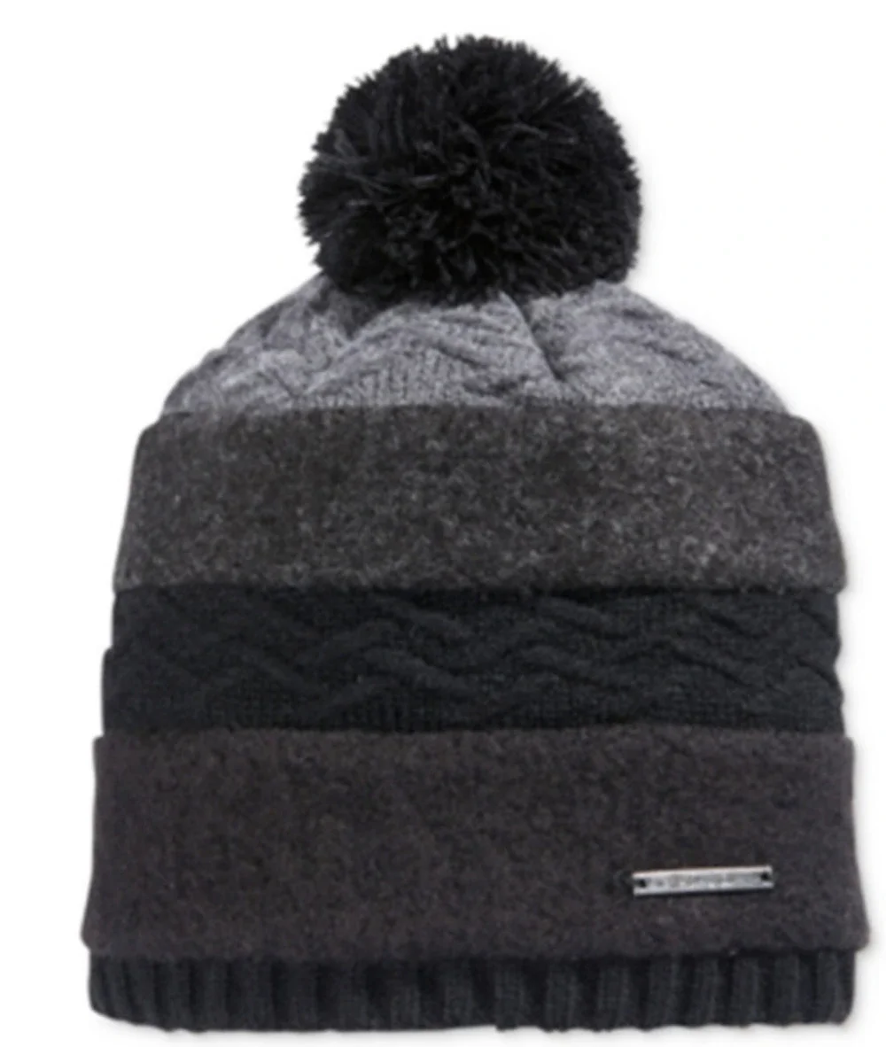 Sean John Mixed Media Wool Pom Stripe Beanie Macy's Exclusive Hat - Black - $32